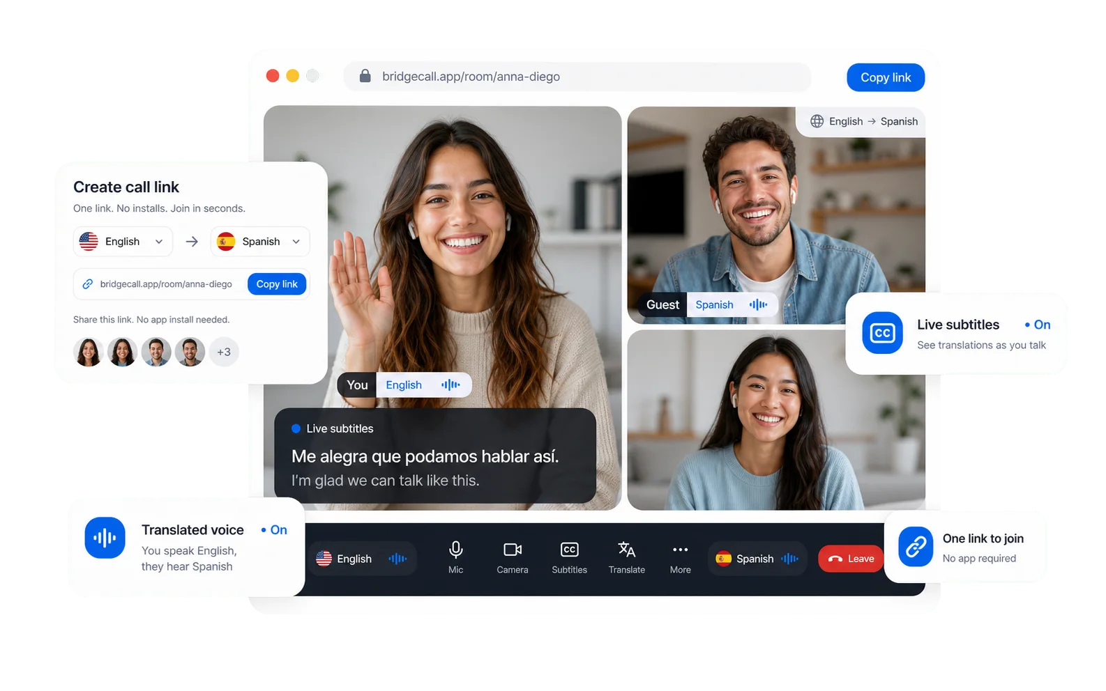 Bridgecall translated video call opened from a link shared in a WhatsApp chat